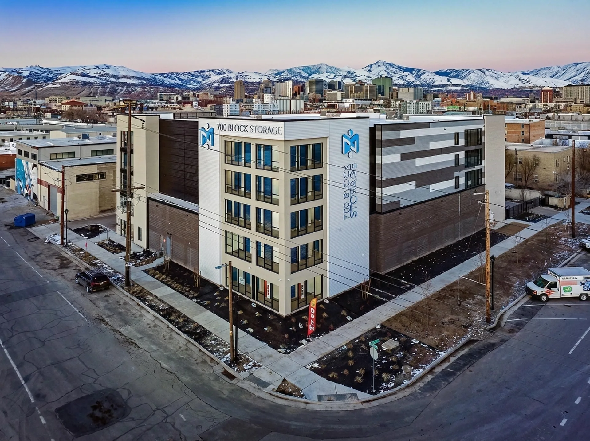 700 Block Storage urban infill self-storage facility aerial view downtown Salt Lake City Utah