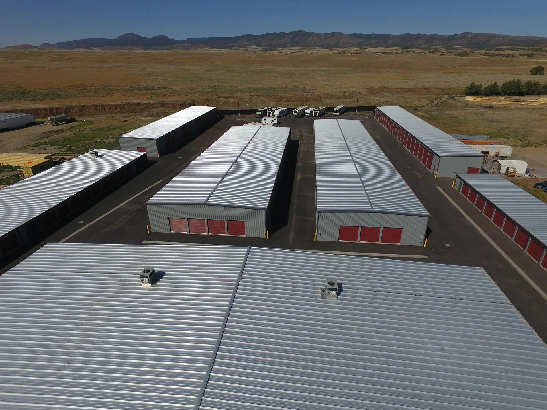 My Storage Prescott Valley drone view of red-door drive-up storage units