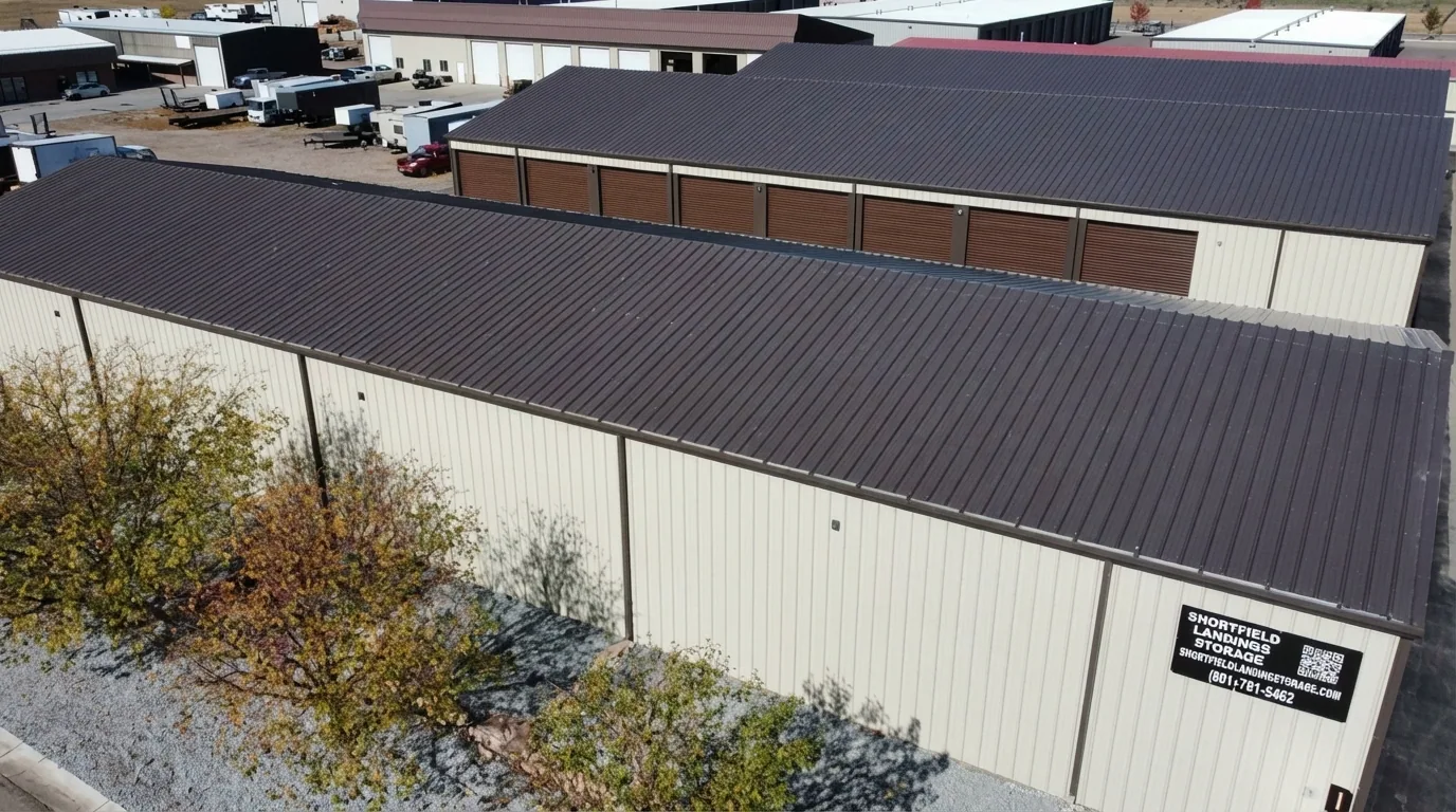 Shortfield Landings steel storage buildings with branded signage drone view