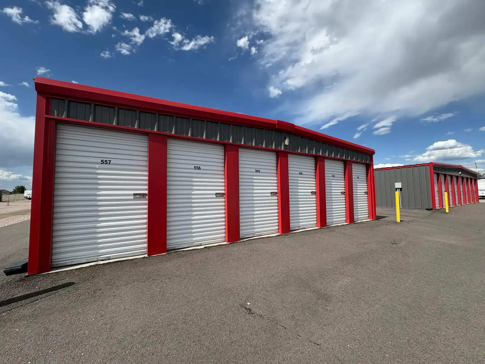 We Store It steel self-storage buildings in Chubbuck, Idaho, white roll-up doors