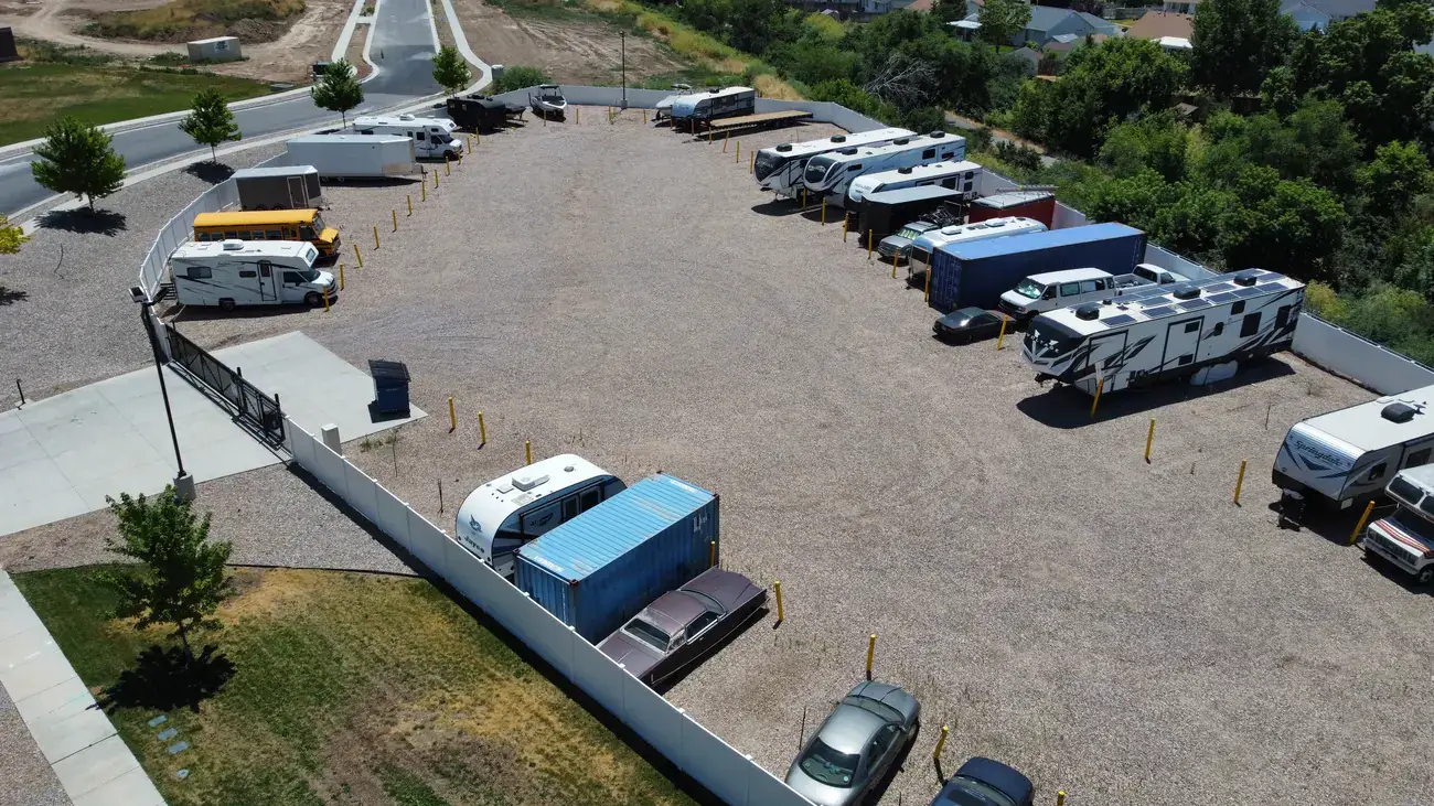 Boats and trailers stored at a Wasatch Structures boat and RV facility