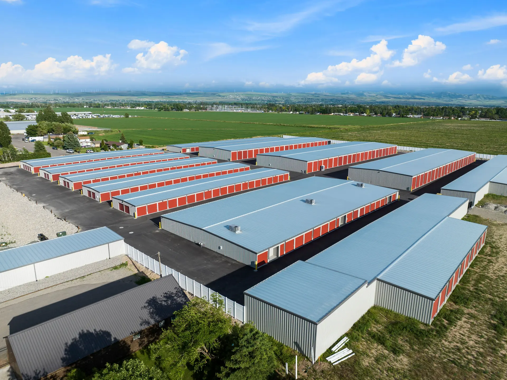 Aerial of a completed Wasatch Structures self-storage facility, single-story drive-up buildings across a full site